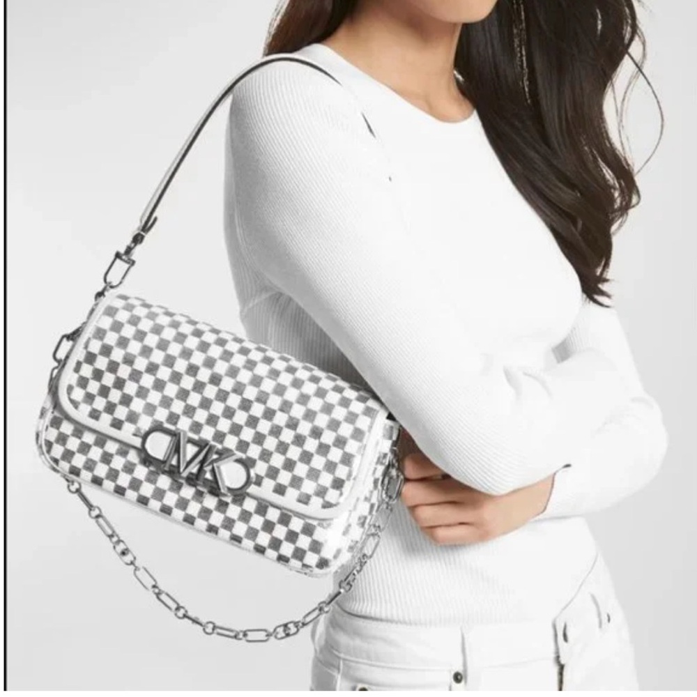 Michael Kors PARKER Medium Sequin Pouchette White/Silver Shoulder Bag - NWOT